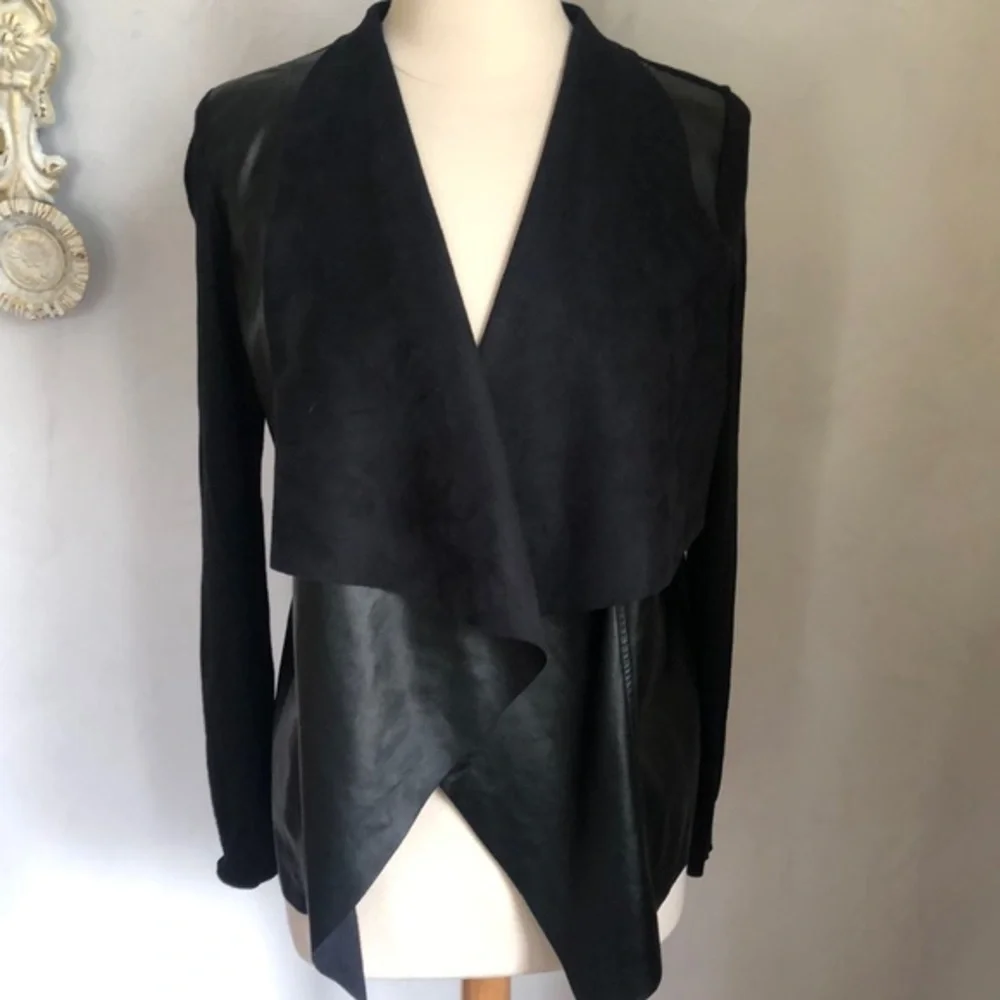 Michael Kors Black Faux Leather & Suede open Blazer/cardigan Size Medium